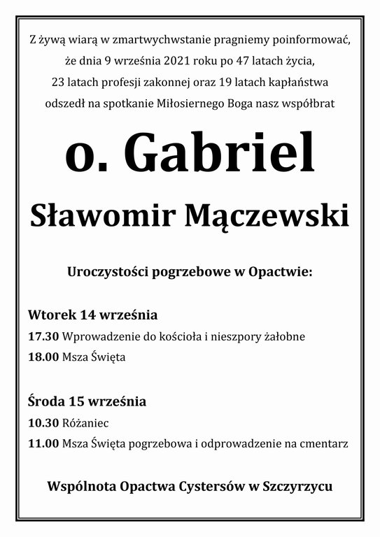 Szczyrzyc-Porządek uroczystości pogrzebowych o. Gabriel